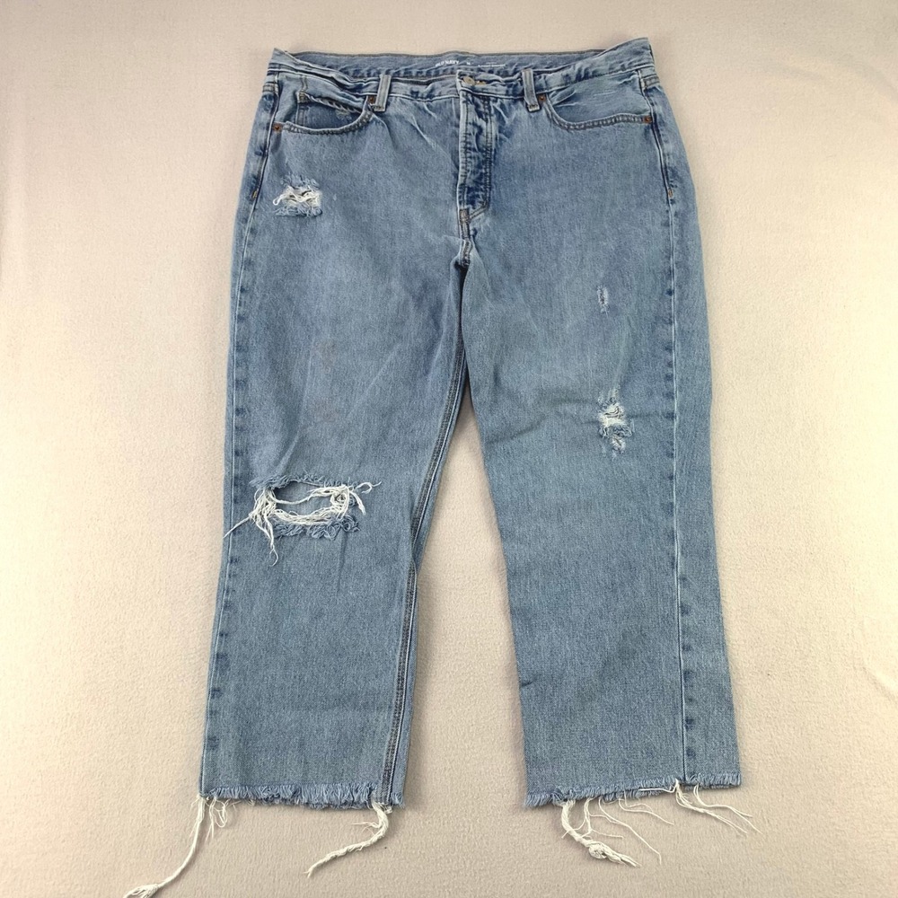 Old Navy High Rise Slouchy Straight Jeans Women 16 Blue Distressed Raw Hem Denim